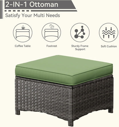 5 Pieces Patio Conversation Set, Wicker Chairs Set of 2 and Two Ottomans with 3.5-inch Seat Cushions, 1 Side Table High Back and Curved Armrest for Backyard, Balcony and Deck, Green