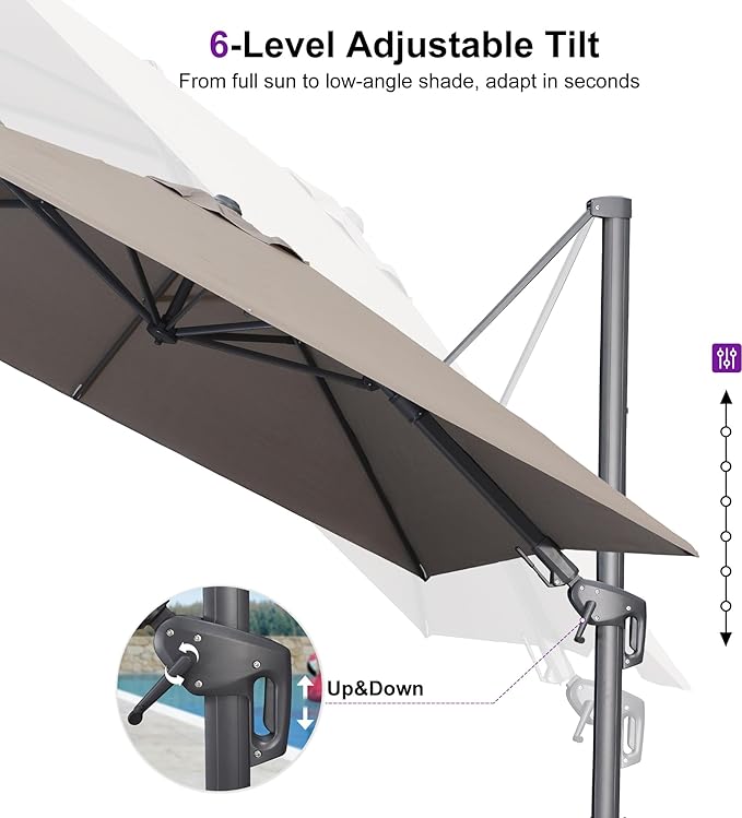 PURPLE LEAF 8' X 8' Left-right Tilting Outdoor Patio Umbrella Swivel Offset Cantilever Heavy Duty Rectangle Aluminum Umbrella with UV Resistant for Deck Pool Patio Backyard, Ash Mocha