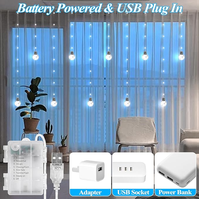 LitHome Christmas Wishing Ball Curtain Lights, 240 LED Fairy Lights Curtain with Remote, Battery Powered USB Globe Hanging String Light Silver Wire for Bedroom Windows Indoor Diwali Decoration (White)