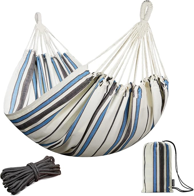 JoyView Brazilian Double Hammock with Hanging Ropes Extra Large 86.6x59” Portable Cotton Hammock for Patio Backyard Porch 450LBS Weight Capacity Perfect for Outdoor/Indoor - Blue & White Stripes