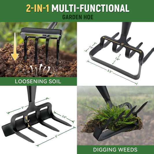 Stirrup Hoe, Heavy Duty Hula Hoe with 32-62" Adjustable Long Handle, 2 in 1 Action Hoe with Cultivator Rake, Scuffle Hoe, Hula Hoe Garden Tool for Weeding Grass, Loosening Soil, Sharp Blade, Black
