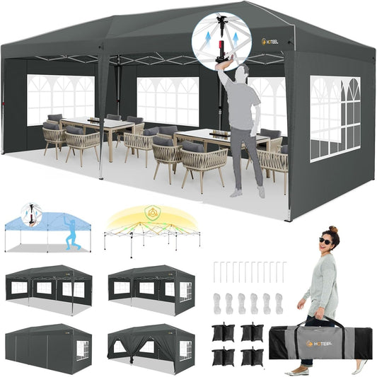 HOTEEL 10x20 Pop up Canopy with 6 Sidewalls, One Push Instant Setup Outdoor Canopy Tent with Reinforce Rod, Weight Bag, for Parties, Events, Gray