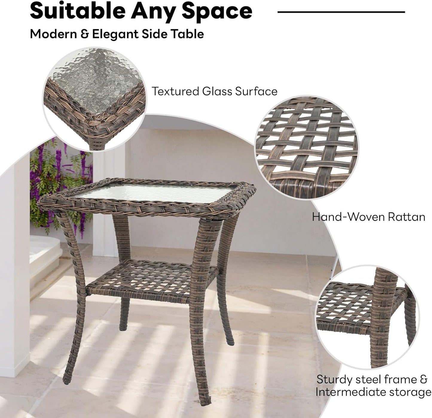 Handwoven Wicker Side Table - 20 Inch Small Outdoor Table 2 Tier Storage with Tempered Glass Top, All Weather Outdoor Patio End Tables for Deck Balcony Outside Brown