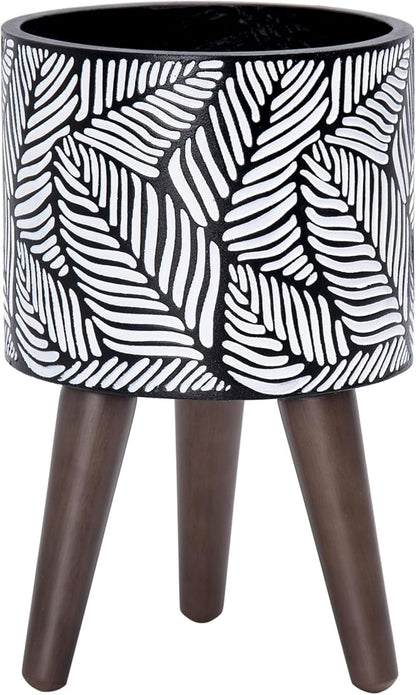 D'vine Dev 8 Inch Planter Pot with Stand, Mid-Century Tall Plant Pot with Legs for Indoor Plants, Small, White/Grey, 88-L-A-7