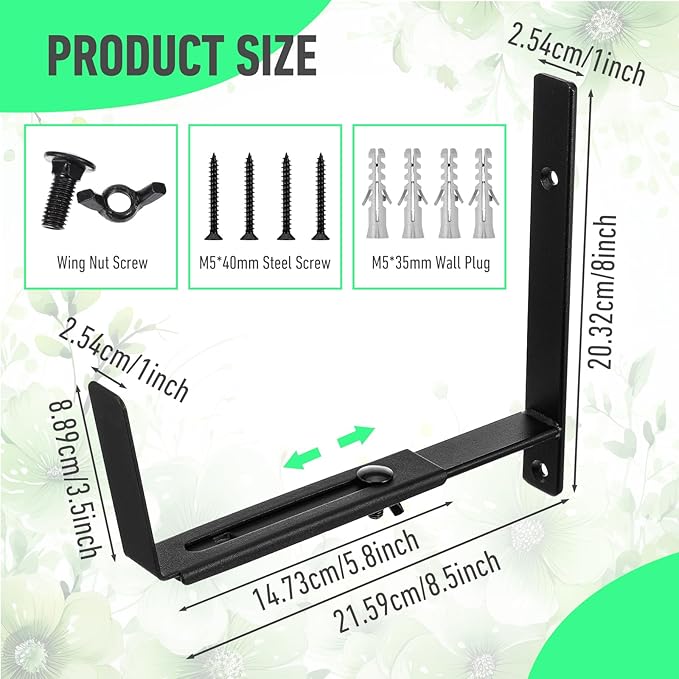 2 Pcs Window Box Brackets, Adjustable Window Planter Box Brackets, Heavy Duty Iron Flower Box Brackets for Railings, with Enhanced Bottom Support - Perfect for Balconies, Fences, Gardens