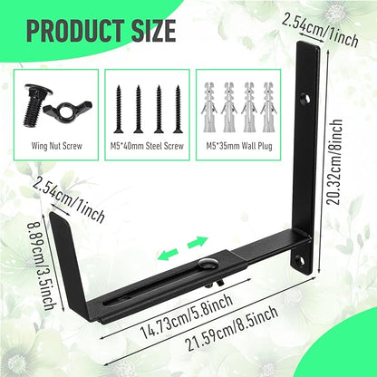 2 Pcs Window Box Brackets, Adjustable Window Planter Box Brackets, Heavy Duty Iron Flower Box Brackets for Railings, with Enhanced Bottom Support - Perfect for Balconies, Fences, Gardens