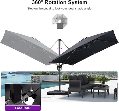 PURPLE LEAF 9.8' X 9.8' Left-right Tilting Patio Umbrella Outdoor Cantilever Swivel Square Umbrella Aluminum Offset Umbrella with 360-degree Rotation for Garden Deck Pool Patio Grey