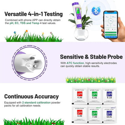 Smart pH Meter for Water pH and EC Meter for Hydroponics Nutrients Digital pH and PPM Tester for Reservoir Water 4 in 1 pH EC TDS Temp Tester for Indoor Plant Growing, DWC, Pool, Aquariums