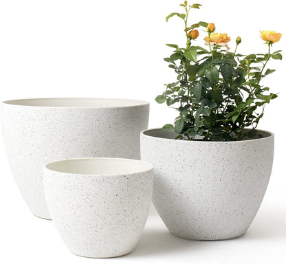 LA JOLIE MUSE 14.2/11.3/8.6 Inch Planters,Indoor/Outdoor White Planters Set of 3,Plant Container with Drain Holes,Flower Pots for Patio and Deck