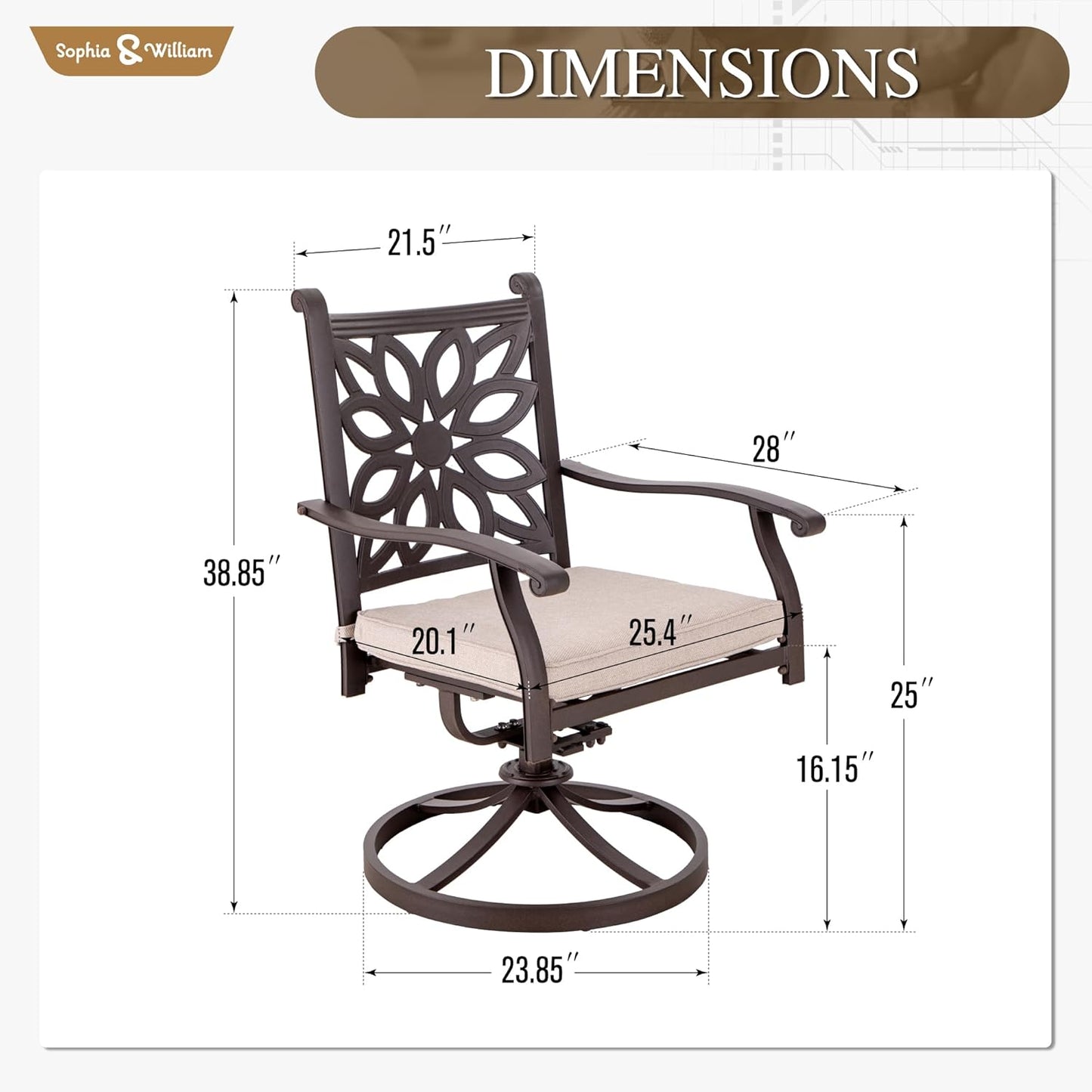 Sophia & William Patio Outdoor Swivel Rocker Dining Chairs Set of 2, Brown Cast Aluminum Furniture Dining Chairs for Dining Table, Load Capacity: 350 lbs