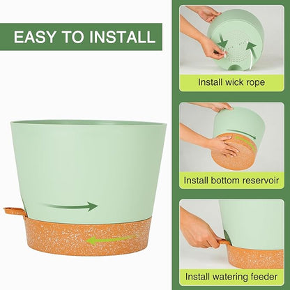 12inch Large Self Watering Plant Pot, Plastic Cylinder Planter with 60Oz Deep Reservoir and Saucer for Indoor Outdoor Plants Flowers Houseplants, Green with Brown