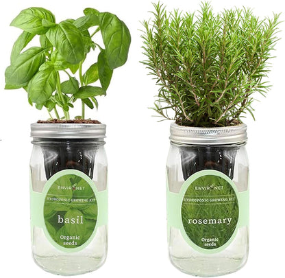 2-Pack Hydroponic Mason Jar Herb Garden Kit, Indoor Herb Garden Self-Watering Starter Kit (Basil,Rosemary)