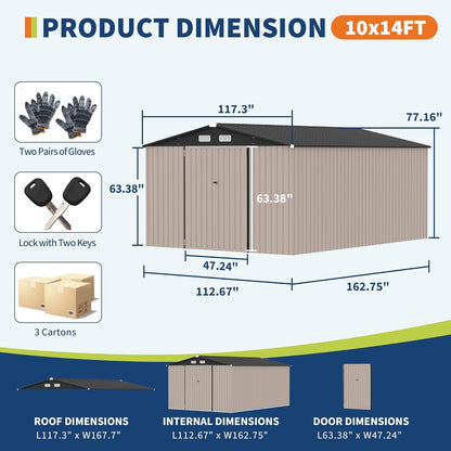 10x14 FT Metal Storage Sheds Outdoor, Metal Yard Sheds Garden Shed Kit, Metals Tool Shed with Lockable Door, Metals UtilityShed Buildings with Air Vent for Backyard Garden Patio Lawn