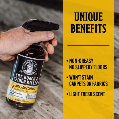 Grandpa Gus's Natural Ant Roach Spider Killer Spray, Fast-Acting Plant-Based Insect Control, Safe for Kids Pets, Indoor Outdoor Use, Non-Greasy, Fresh Scent, 16 fl oz
