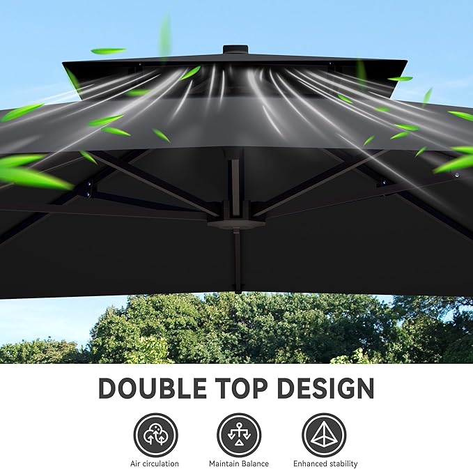 10x13 FT Cantilever Patio Umbrella Double Top Outdoor Rectangular Large Heavy Duty Aluminum Offset Umbrellas with 7 Level Tilt 360-degree Rotation for Pool Garden Deck, Grey