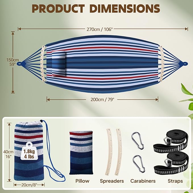 Chihee Cotton Hammock Large Soft Breathable Camping Hammock Holds Up to 660lbs Portable Tree Hammock with Detachable Spreader Bar Pillow 2 Strong Webbings 2 Carabiners Patio Garden Indoor Outdoor