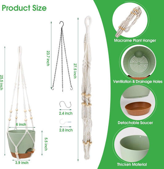 Hanging Planters for Indoor Outdoor Plants, 2 Pack Self Watering Hanging Pots, Hanging Plant Baskets with Drainage Holes & 2 Types of Plant Hangers (Green, 6'')