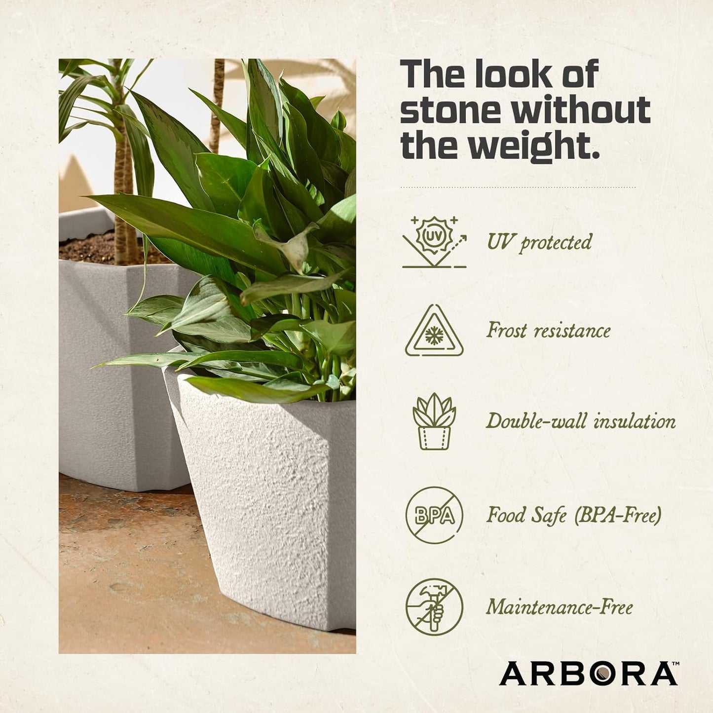ARBORA 16" Monaco Square Polyresin Indoor and Outdoor Planter with Classic Cream Finish - Durable, Weatherproof, Lightweight, Large Plant Pot for Patio, Garden, Deck, Entryway