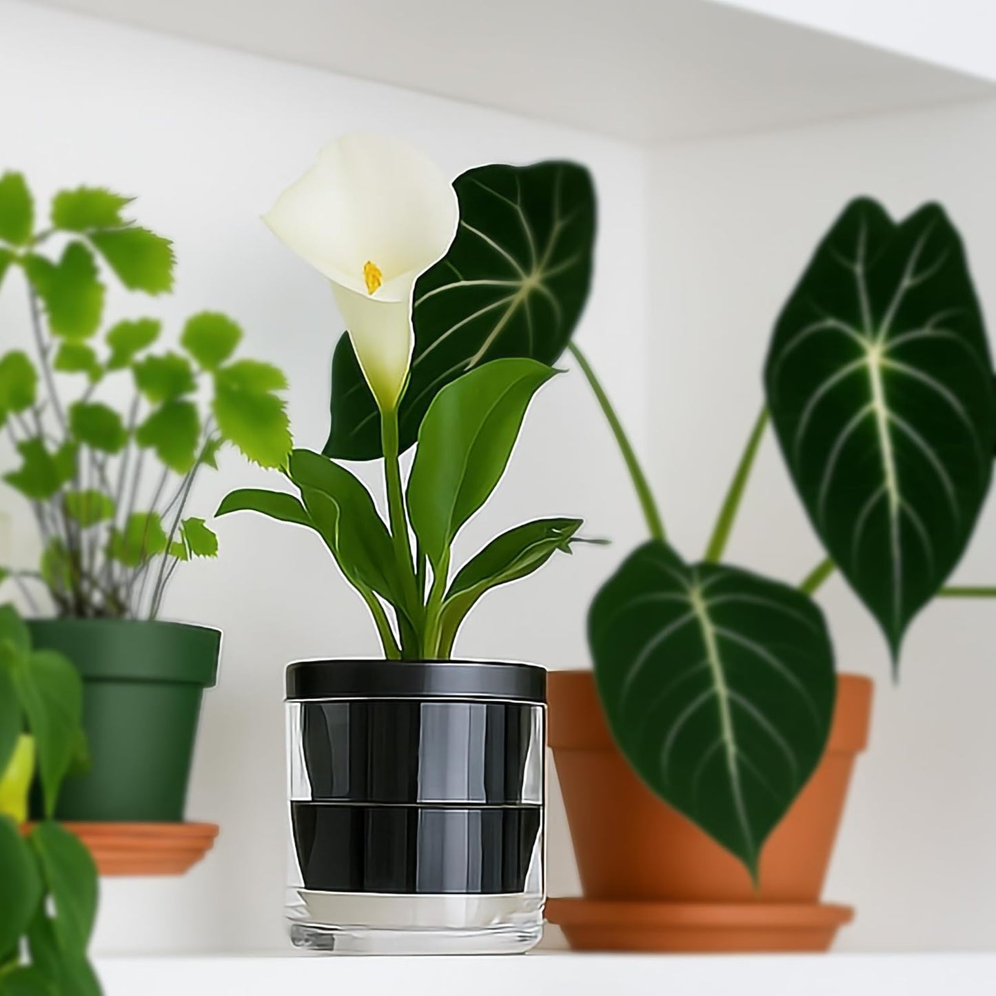 D'vine Dev 4 Inch Design Self Watering Planter for Indoor Plants, Black Terracotta Pot with Cylinder Glass Cup, 37-X-A-3