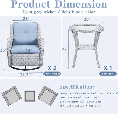 Outdoor Swivel Rocker Patio Chairs Set of 3, High Back Swivel Patio Chairs Wicker Furniture Set, 2 PCS Rattan Swivel Rocking Chair with Side Table, Light Grey Wicker