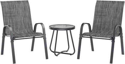 UDPATIO Patio Dining Set of 3, Outdoor Table and Chairs Set with Glass Table, 2 Stackable Patio Chairs with High Back, Outdoor Furniture Sets for Deck Garden Backyard Lawn Poolside (Dark Grey)