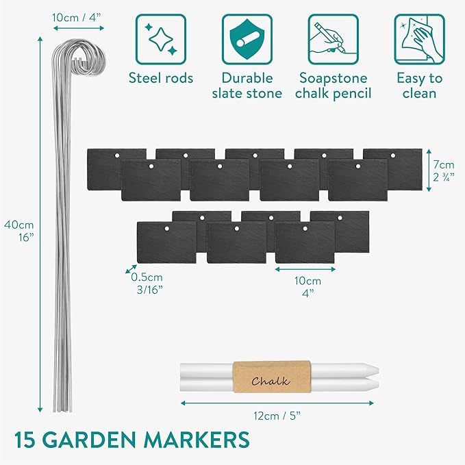 Navaris Slate Plant Labels (15 Pieces) - Garden Marker Label Signs with Stakes - Markers for Plants, Vegetables, Herb Gardens - with Chalk Pencils - Rectangular