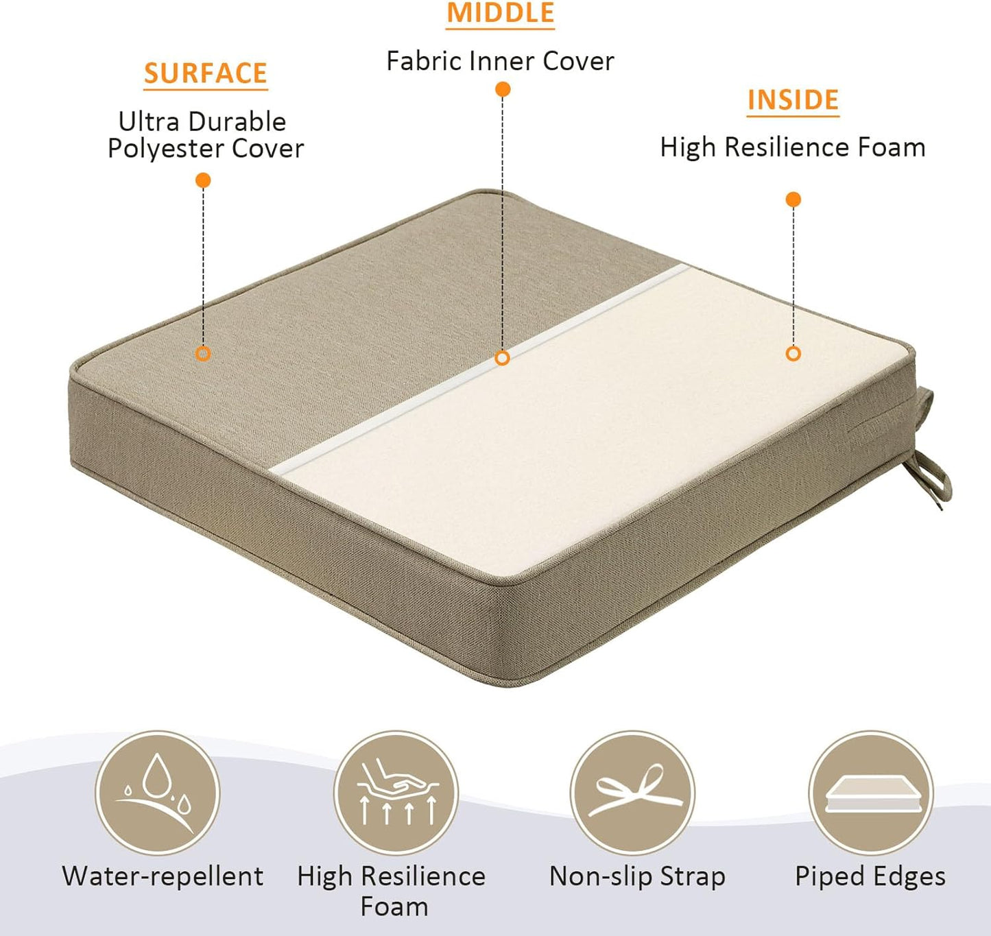 Square Corner Seat Cushions, 19" x 19" x 3", Set of 4, Indoor Outdoor Water Repellent Universal Chair Pads with Ties for Patio Furniture, Garden Deck Dining Chairs, Tan