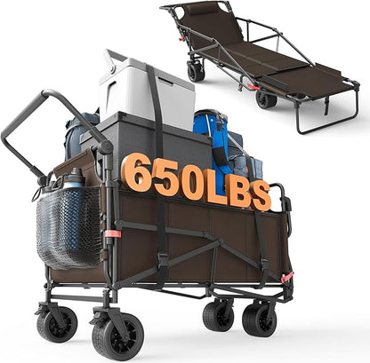 LEVELEVE Heavy Duty Folding Wagon - 2-in-1 Collapsible Cart, 650lb Capacity, All-Terrain Wheels w/Brakes & Side Pockets (Brown)