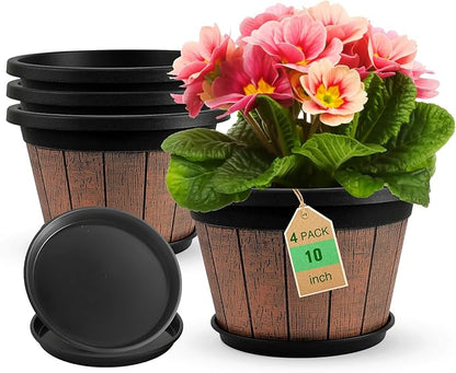Quarut 4 Pack 10 inch Plant Pots,Upgrade Whiskey Barrel Planters with Drainage Holes & Saucer,Plastic Decoration Flower Pots Retro Design,Planters for Outdoor Indoor Garden Home Plants (Brown)