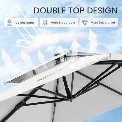 10x10 FT Cantilever Patio Umbrella with Base Included Double Top Outdoor Square Large Heavy Duty Aluminum Offset Umbrellas with 7 Level Tilt 360-degree Rotation for Pool Garden Deck,Fog Grey