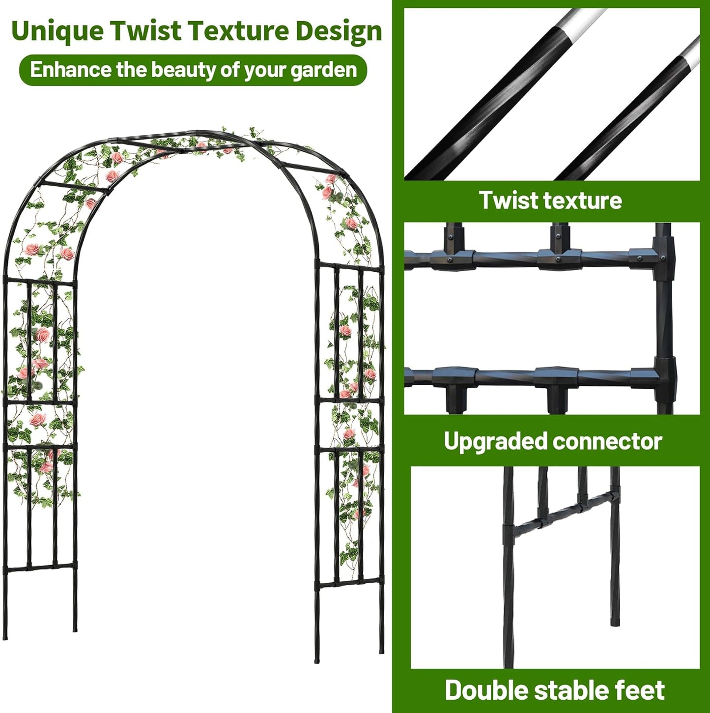 Twira Garden Arch Trellis, 7.9FT(240cm) Metal Garden Arbor Trellis for Climbing Plants Outdoor, Large Wedding Arch for Ceremony, Black Garden Archway Trellises Decoration for Lawn, Patio, Backyard