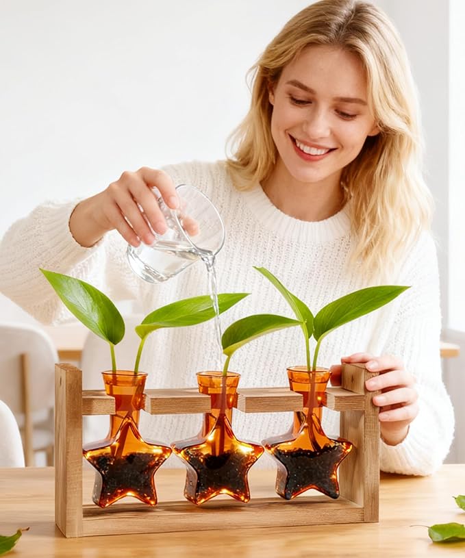 Nacome Star Glass Propagation Stations: Plant Terrarium with Wooden Stand Vase for Home Office Desk Decor, Unique Gifts for Plant Lovers Women Mom (Orange)
