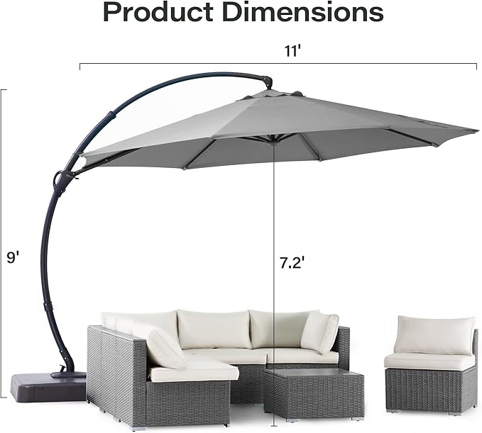 LAUSAINT HOME Outdoor Patio Umbrella with Base included, 11 FT Deluxe Curvy Cantilever Umbrella Heavy Duty Offset Hanging Umbrella with 360° Rotation for Market, Pool, Garden, Backyard, Deck (Grey)
