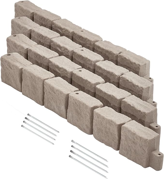 VEVOR Faux Stone Landscape Edging, No Dig Garden Edging Border, Flexible Blocks for Lawn Edging, Flower Beds, Driveway, Yards with 12 Spikes, 4 Pack 24 Bricks 16FT Kit, 46.9" Lx 4" W x 6" H, Brown