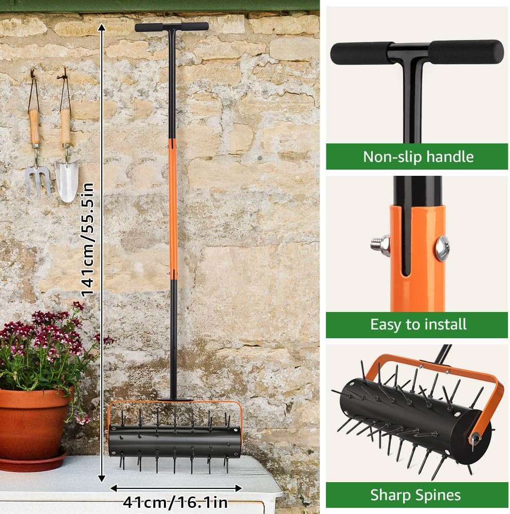 Lawn Aerator Rolling, Aerator Lawn Tool, Lawn Spike Aerator Roller, for Garden Yard Patio Lawn Aeration Soil Penetrator Push