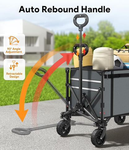 Collapsible Wagon Cart with Wheels 220lbs Foldable Wagon 120L Shopping Cart for Groceries Folding Utility Wagon for Beach, Garden, Camping, Sport, Apartment, Wheelbarrows, Gray