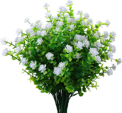 Artificial Plants Flowers Grass Shrubs 8 Pack No Fade Faux Plastic Flowers Outdoor for Vases Farmhouse Garden Porch Patio Office Indoor Wedding Decoration Greenery Fake Plants (2#White)