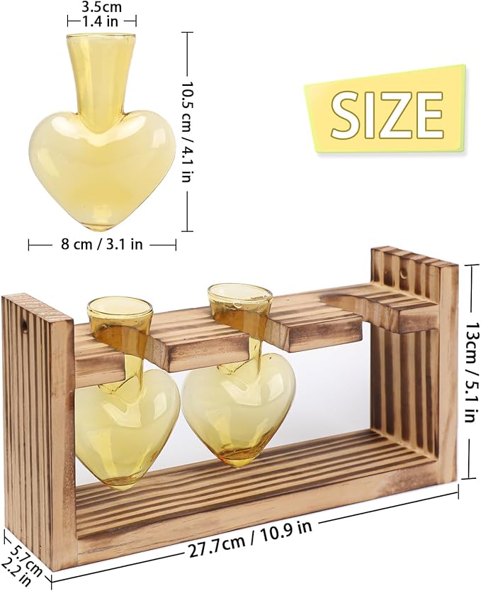 Plant Terrarium Propagation Stations Hydroponics Home Garden Decoration Gift for Women with Wooden Stand Heart Shaped Colored Glass Vase