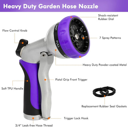 RESTMO Garden Hose Nozzle, Heavy Duty Metal Water Hose Nozzle with 7 Adjustable Spray Patterns, High Pressure Hand Sprayer with Flow Control, Best for Watering Plant & Lawn, Washing Car & Pet, Purple
