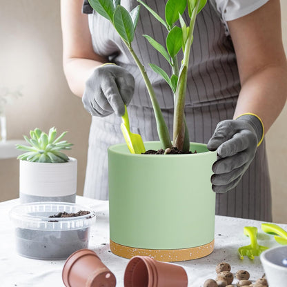 8 Inch Medium Flower Pots for Indoor Outdoor Plants, Cylinder Deep Plant Pots with Drainage Holes & Saucer, Decorative Plastic Planter Pots for Garden House Plants, Green with Brown