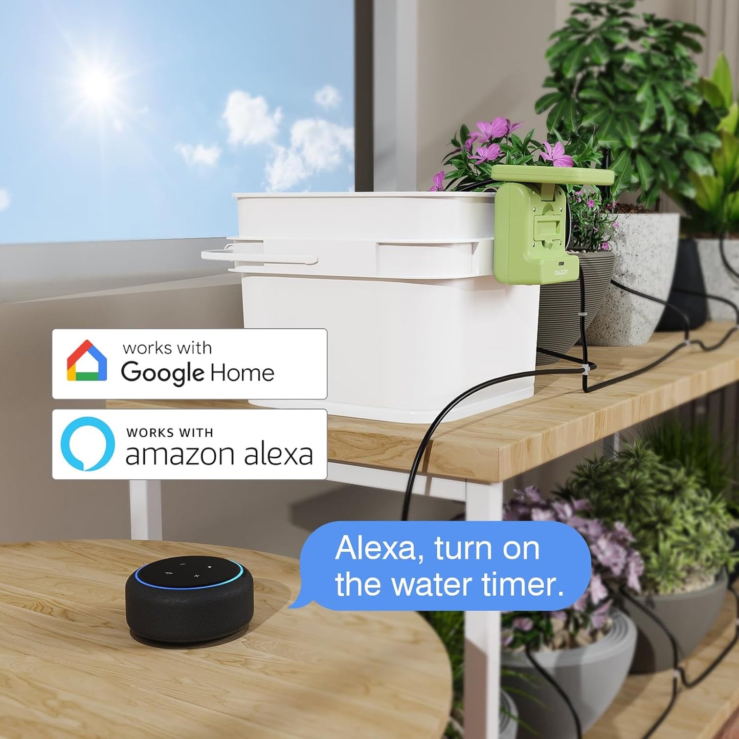 Raddy WS-2 Wi-Fi Automatic Watering System, Solar Drip Irrigation System, APP Control with Flexible Mini Hub, Water Shortage Alert, 2600mAh Built-in Battery, Easy DIY for Potted Plants, Balcony