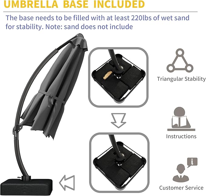 Kingdura 12ft Cantilever Patio Umbrella with Base Included, Large Round Offset Outdoor Pool Umbrella, 360° Rotation & Infinite Tilt, Heavy Duty Aluminum Frame for Deck Backyard, Grey