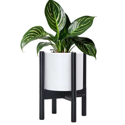 D'vine Dev Planter Pot with Stand - 8 Inch Plastic Cylinder Flower Pot with Wood Planter Holder for Indoor, Matte White Pot + Ebony Stand, 55-C-K-1