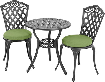 NUU GARDEN 3-Piece Outdoor Patio Bistro Set, Cast Aluminum Table and 2 Chairs with Green Cushions and Umbrella Hole, Weather-Resistant Bistro Set for Balcony, Porch, Garden, Black