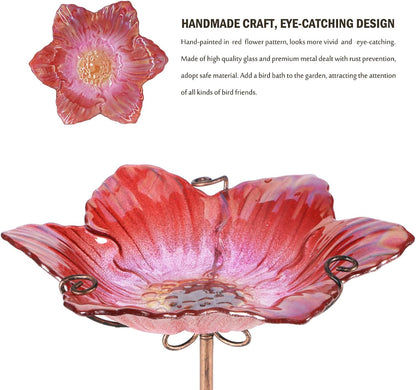 MUMTOP Bird Baths for Outdoors Glass Bird Bath Bowl Outdoor Bird Feeder Flower Pattern with Metal Stake for Garden, Yard and Lawn Decor (Red)