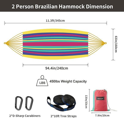 Brazilian Double Hammock with Tree Straps,Extra Large 94x63IN,2 Persons Hammock for Backyard Patio Outdoor and Indoor,450lbs Weight Capacity,Soft Woven Cotton Fabric - Aqua Bule Stripe