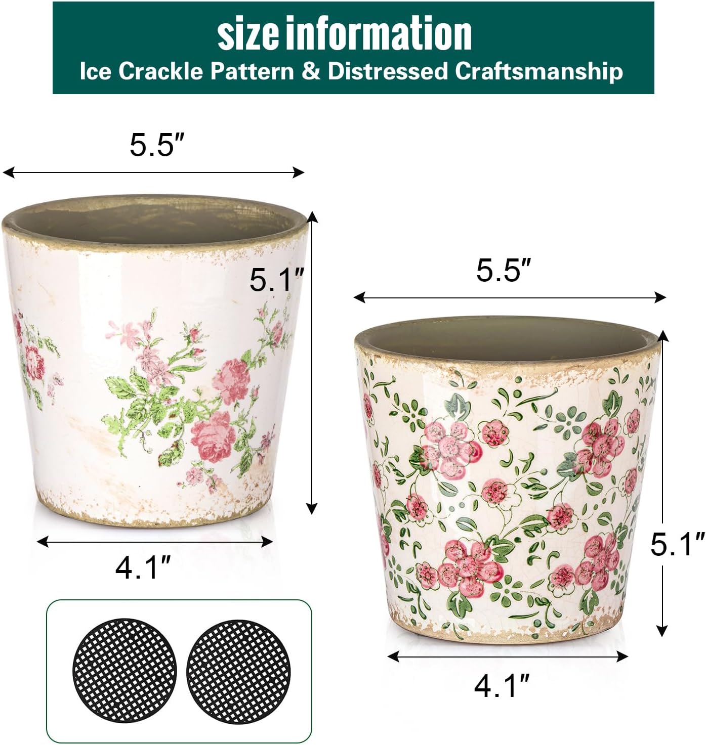 Sungmor Vintage Ceramic Plant Pots, Set of 2 Pretty Ice Cracked Glaze Ceramic Flower Pots, 5.5in. Herb Planters with Drainage Hole, Tuscan Planters for Indoor Outdoor Plants, Home Garden Decor Pot