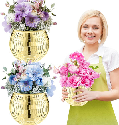 2 Pcs Disco Ball Vase,5 x 6 Inch Mirrored Disco Ball Planter,Disco Ball Candle Holders Perfect Disco Decorative Planters for Living Room Bedroom Table Wedding Party Birthday(Gold)