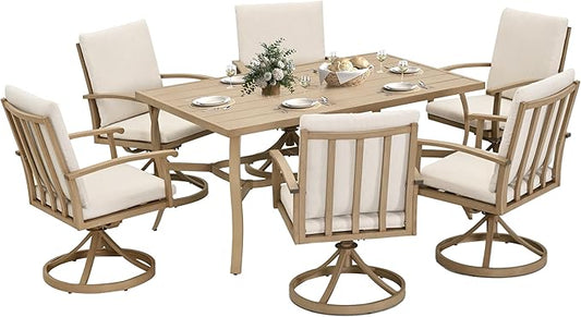 HAPPATIO 7 Piece Patio Swivel Dining Set, Aluminum Outdoor Dining Set for 6,Dining Table and Chairs Set, Patio Dining Furniture with Aluminum Table, Swivel Chairs and Washable Cushions (Beige)