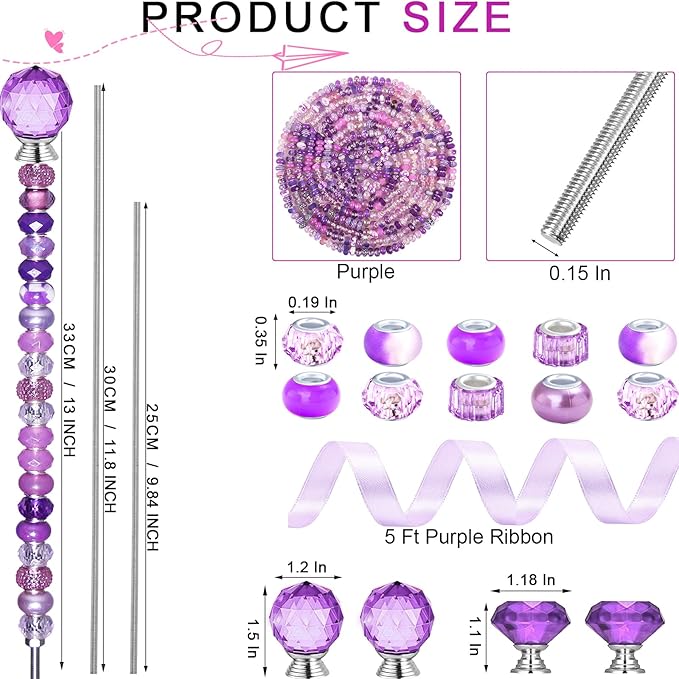 119 Pcs Garden Stake DIY Fairy Wand Plant Stake with Purple Large Hole Beads Crystal Diamond Stopper Top 4 Stainless Steel Threaded Rod Beaded Garden Stakes for Outdoor Indoor Yard Patio Decorations